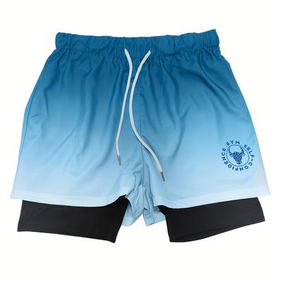 TEMU Men's Gradient Athletic Shorts - Breathable Polyester Blend, Elastic Waistband With Drawstring, Lightweight & Stylish For Casual, Outdoor, And Sports Activities Image