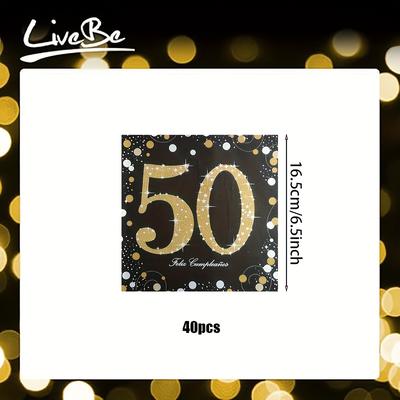 TEMU 20/40pcs, Black Golden Embellished Design Napkins, Party Decorative Paper Towels, Easy To Carry, Party Table Decoration Supplies, 50th Birthday Party Paper Towels, Anniversary Tableware Supplies Image