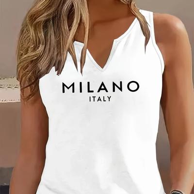TEMU Plus Size Women's Casual Sleeveless V-neck Tank Top With Italy Letter Print - Breathable Stretchy Fabric, Machine Washable, Fit, Nontransparent Material Image