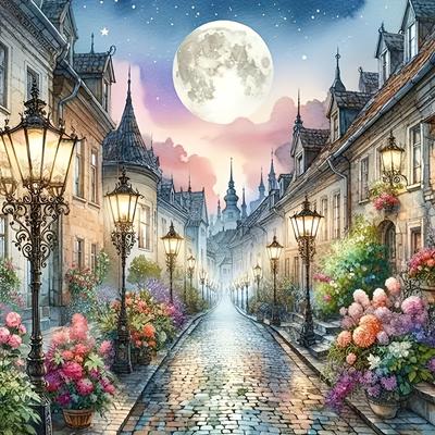 TEMU Brand New 5d Diy Diamond Painting Kit - Blooming Ancient Town, Round Acrylic Unframed - Mosaic Artwork, Gift And Office Decoration Measuring 15.74×15.74 Inches, Suitable For Adults And Beginners. Image