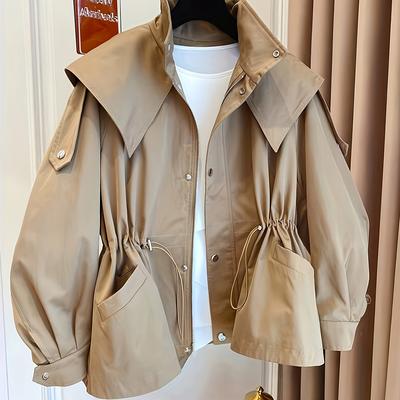 TEMU Women's Casual Solid Color Hooded Windbreaker Jacket With Drawstring, Non-stretch Fabric, Regular Fit, Front , Casual Outerwear | Relaxed Fit Jacket | Durable Outerwea Image