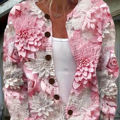 TEMU Plus-size Women's Floral Print Cardigan - Lightweight Spring/fall Open Front Button-up Sweater With Round Neck & Long Sleeves, Hand Washable Layering Piece For Resort Wear, Cardigan Sweater Image