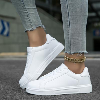 TEMU Women's Fashion Sneakers - Multifunctional White Lace-up Shoes, Lightweight , Casual Footwear, Solid Color, Microfiber Leather Upper, Fabric Inner, Eva Sole, Fabric Insole Image