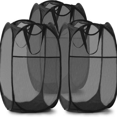 TEMU Set Of 3 Pop-up Mesh Laundry Hampers With Reinforced Handles And Side Pocket - Versatile Folding Clothes Baskets For Dorm, Travel And Home Use Image