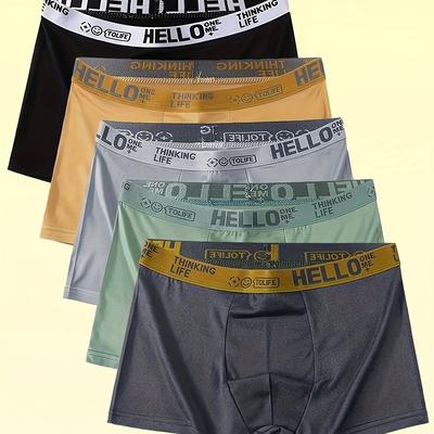 TEMU 5pcs Men's Breathable Boxer Briefs - Soft Stretchy Knit Fabric, Quick-dry, With Elastic Waistband For Hiking & Outdoor Activities, Assorted Colors Image