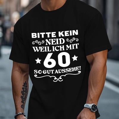 "TEMU Men's 60th Birthday Graphic T-shirt - "bitte Kein Nie Das!" Design, Black Casual Summer Tee, Short Sleeve, Round Neck, Machine Washable" Image