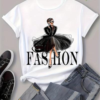 "TEMU Women's Casual Graphic Print T-shirt - "fashion" Design With Stylish Illustration, Short Sleeve Crew Neck, , Casual Attire|stylish Illustration Top|, Ladies T Shirts" Image