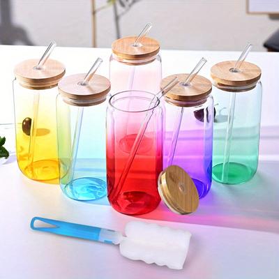 TEMU 6pcs 500ml Glass Water Cups, Reusable, 6 Colors, With Bamboo Lid, Glass Straw And Straw Brush, Single Weight 21.3oz (603.8g), For Ice Coffee, Tea, Restaurant, Picnic, Driving, Cold Drink, Party Image