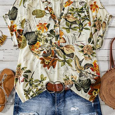 TEMU Women's Plus Size Floral Print V-neck Blouse - Casual Short Sleeve Top With Button Details, Lightweight Polyester, Summer, Casual Summer Top| Blouse|nonstretch Image