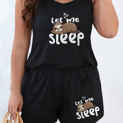 TEMU Large Size Women's Fashion Casual Comfortable Worn Outdoors Pajama Set Simple Sleep Cartoon Sloth Print Round Neck Vest & Shorts 2pcs Set Large Size Pajamas Image