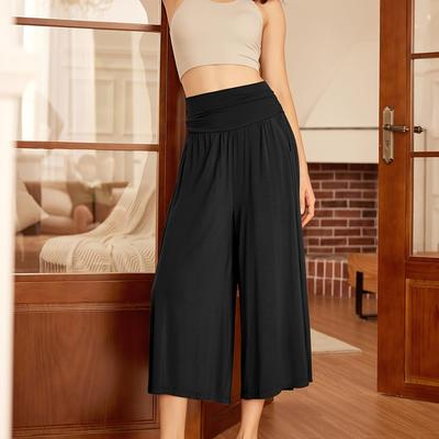 TEMU Women's Comfortable Wide-leg Cropped Casual Pants With Pockets - Soft Rayon Blend, Elastic Waistband, Machine Washable, White, Everyday Relaxation Image