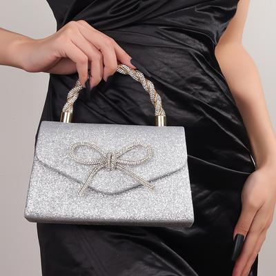 TEMU Glittering Evening Clutch Bag With Elegant Bow, Magnetic Closure, Crystal Embellishments - Ideal For Parties, Weddings, , And Formal Events, Evening Bag Image