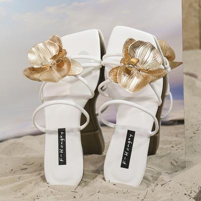TEMU Women's Style Slip-on Sandals With Golden Floral Accents - Flat Heel Open-toe Casual , Synthetic Cover & Rubber Sole For Beach, Picnics, And Casual , Ladies Sandals Image