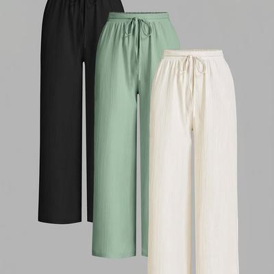 TEMU Women's 3pcs Solid Color Textured Wide Leg Pants Set With Elastic Waistband And Drawstring - Lightweight Polyester, , , Versatile Clothing|trendy Women's Pants|wideleg Pants Image
