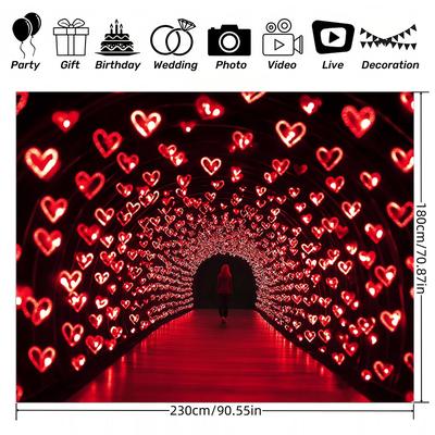 TEMU Valentine's Day Red Heart Tunnel Banner - Polyester Photography Backdrop For Indoor And Outdoor Parties, Holiday Decorations, Background, Photographic Cloth, Live Streaming Image