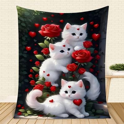 TEMU 3 Adorable Kittens & Roses Flannel Blanket - Soft 100% Polyester, Machine Washable, Cozy Throw For Sofa, Bed, Or Cat Lovers Gift - Contemporary Cat-themed Home Decor Image
