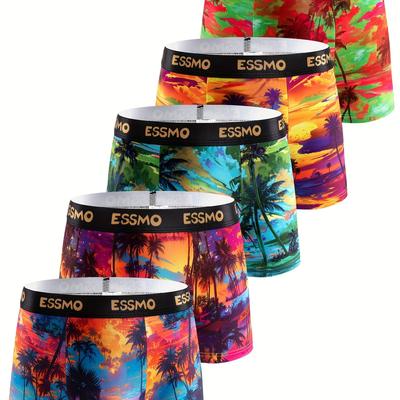 TEMU 5pcs Essmo Men' Luxury Boxer Briefs - Vibrant & Palm , Medium Stretch Fabric, Comfortable & Stylish Underwear, Relaxed Fit Boxers|tropical Print Boxers|stretchable Fabric Image