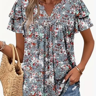 TEMU Women's Elegant V-neck Ruffle Sleeve Short Sleeve Blouse - Floral Print, Pleated Waist, Casual Summer Top For Spring/summer, Casual Summer Top|floral Print Top|ruffle Sleeve Top Image