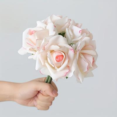 TEMU 5pcs Elegant White Artificial Rose Bouquet - Real Touch, Lifelike Curling Petals, Wedding & Home Decor, Durable Latex Flowers With Accent, Bouquet Accessories Image