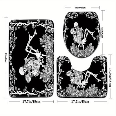 TEMU 3pcs Black Background With White Couple Floral Pattern Bathroom Mat Set, Toilet Seat Cover, U-shaped Foot Mat Image