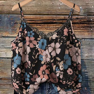 TEMU Women's Elegant V-neck Lace Trim Floral Print Spaghetti Strap Tank Top - Black With Flowers, Short Sleeveless Regular Fit For Evening Out, Date Night & Party Wear Image
