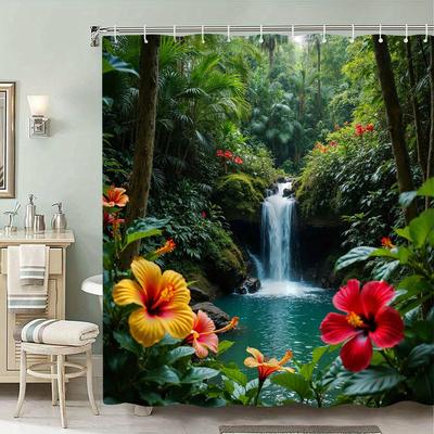 TEMU 1pc Waterfall Floral Pattern Shower Curtain, Made Of Polyester Material, Multiple Sizes , Easy To Care For, High Quality, Includes Hooks, Machine Washable, Bathroom Decor, With 12 Hooks Image