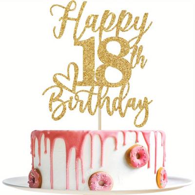 TEMU 18th Birthday Cake Topper - Golden Glitter & Pink With Elegant Cursive Lettering, Durable Bamboo Reusable Party Decor For Milestone Celebrations, Birthday Party Decorations Image