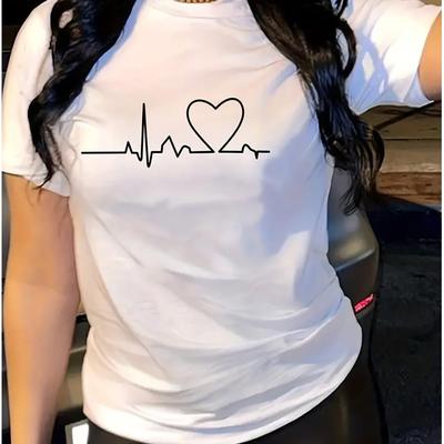 TEMU Women' With Heartbeat - Casual, Breathable, Spring/summer , Everyday Tshirt | Heartbeat Graphic Top | , Ladies T Shirts Image
