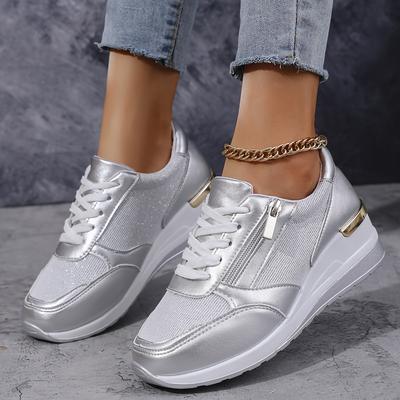 TEMU Antuo Women's Plus Size Slip-on Casual Sneakers, Lightweight Low-top Lace-up Fashion Pumps With Rhinestones, Comfortable Rubber Sole, Synthetic Cover Upper, Casual Attire Image