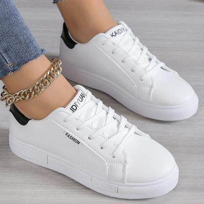 TEMU Women's Trendy White Sneakers - Comfortable Casual Sports Shoes With , Fabric Insole & , Cover Upper, Lace-up Closure For All Image