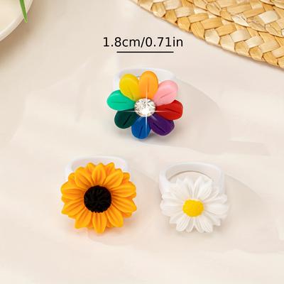TEMU 3pcs Daisy Flower Ring Set - Cute Resin Fashion Accessories For Women, Casual Attire, , Series Image