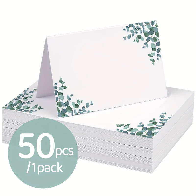 50Zhang Elegante Blumen-Eukalyptusblätter-Design-Papiersitzkarte, geeignet für Hochzeit, Geburtstag, Kommunion, Taufe – Universal Cele Image