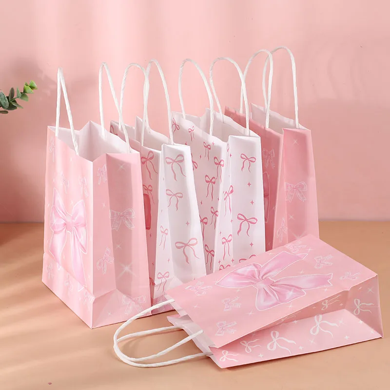 5 Stück rosa Schleife Papier Geschenktüte Mädchen Geburtstag Mottoparty Süßigkeiten Geschenktüte Braut Verlobung Hochzeit Kinder Baby Shower Partyzubehör Image