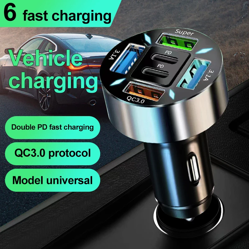 6-Port-Autoladegerät Schnellladung PD QC3.0 USB C Autotelefon-Ladegerät-Adapter mit Spannung für iPhone Samsung Huawei Xiaomi Image
