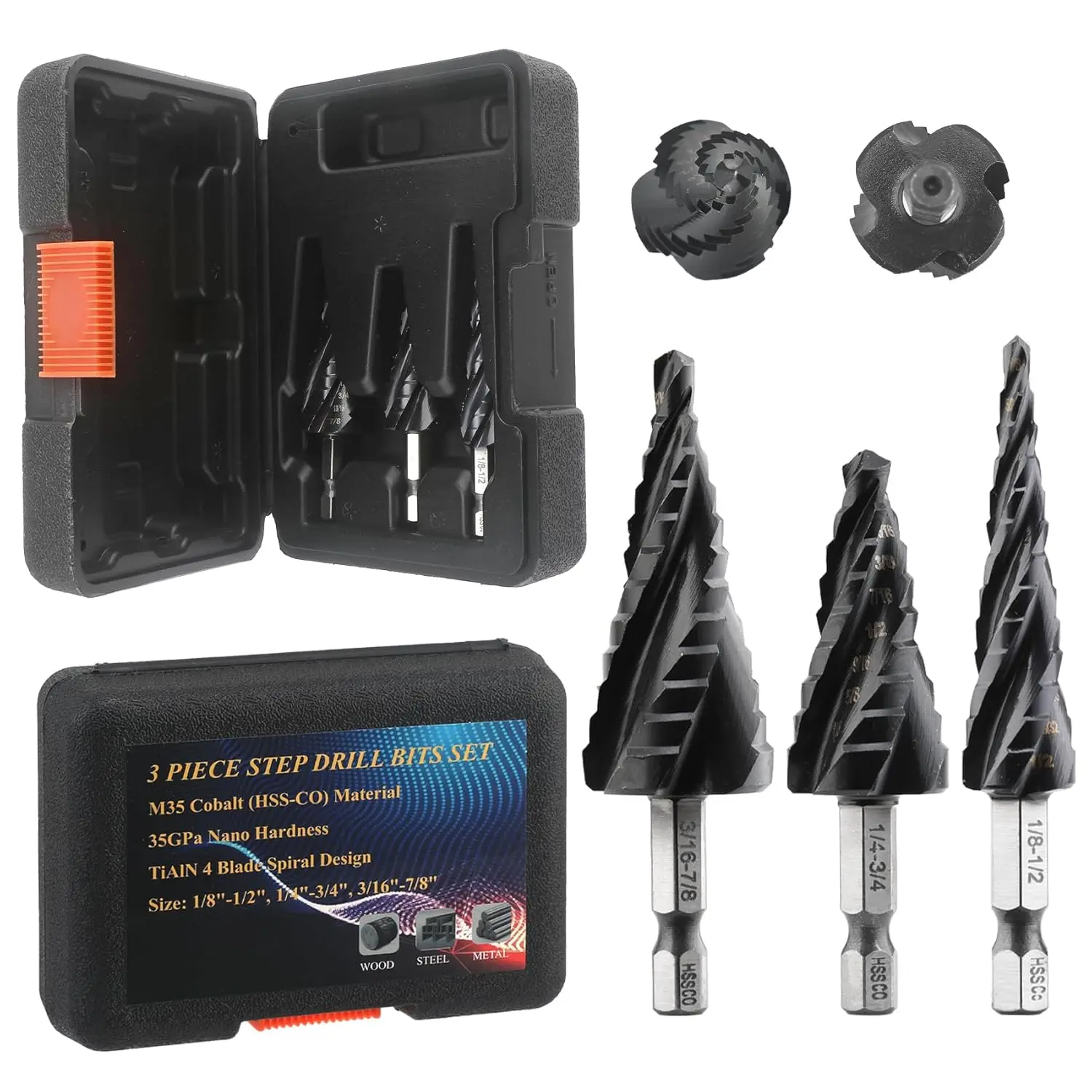 M35 Kobalt-Stufenbohrer mit vier Spiralflöten, M35 HSS AlTiN-beschichtet zum Lochbohren aus Edelstahl, Kupfer, Aluminium, Holz Image