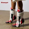 Spleißende spitze mittelhohe Stiefel, mehrfarbige Stiletto-Absätze, seitlicher Reißverschluss, Damen-Motorradstiefel, Klettverschluss, Winter-Freizeitschuhe