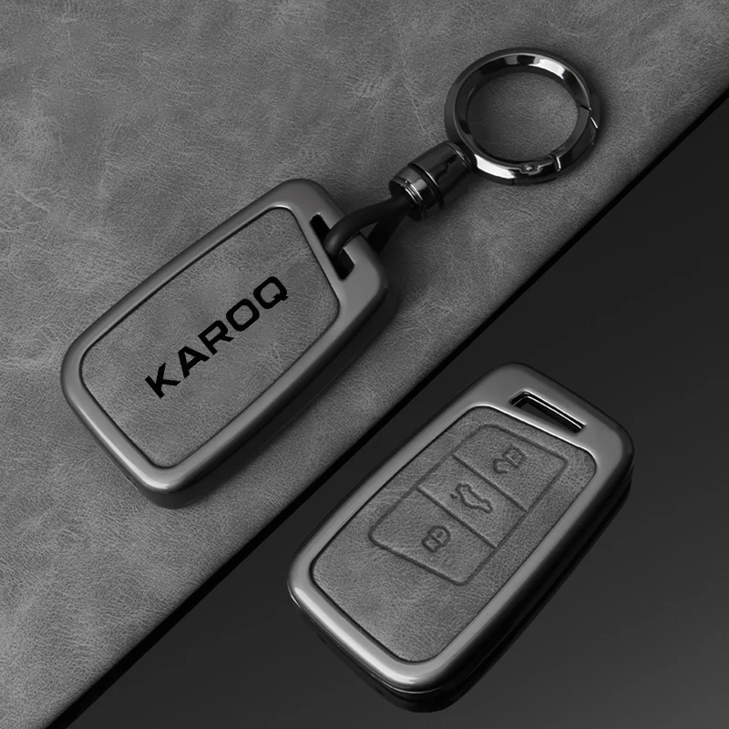 Custodia per chiave per auto in pelle legata Custodia per guscio per Skoda Karoq Logo personalizzato Protezione per chiave Custodia in metallo Accessori portachiavi