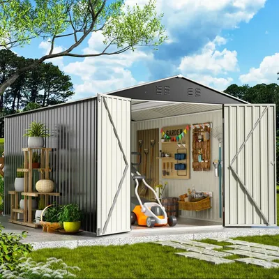 8x12 FT Outdoor Steel Storage Shed with Frame Structure and Lockable Doors, Metal Shed Ideal for