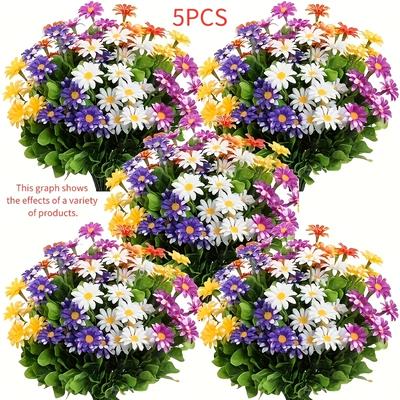 TEMU 5 Bunches Of Outdoor Artificial Flowers, Plastic Daisy Bouquets, Suitable For Home, Hotel, Office, Wedding, Party, Porch, Cabin Decoration, Indoor Decoration Image