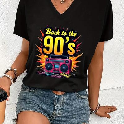 TEMU Retro '90s Graphic Print V-neck T-shirt For Women - Black Casual Short Sleeve Top With Colorful Lettering, Boombox & Dj Design, , Ladies T Shirts Image