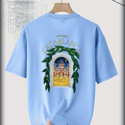 TEMU Men' Loose-fit Round Neck T-shirt With Artistic Print, Light Green, Short Sleeve, Summer Casual Wear, Machine Washable, Perfect Gift For Men Image