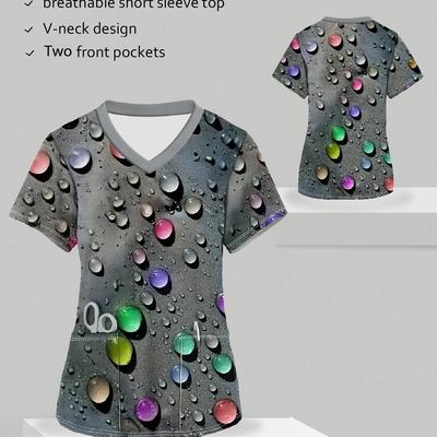 TEMU Women's Breathable Short Sleeve V-neck Nurse Uniform Top - Polyester With Print, Pockets, Casual Scrub For Healthcare Professionals, Durable Image