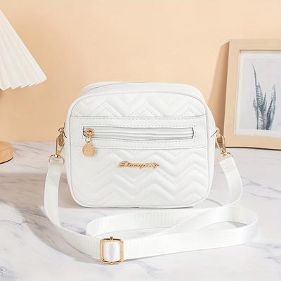 TEMU Women's Lightweight Adjustable Crossbody Bag - White With Chevron Pattern, Zipper Closure & Golden-tone Hardware, Spacious Casual Purse For Everyday Use, Crossbody Purse, Durable Polyester Lining Image