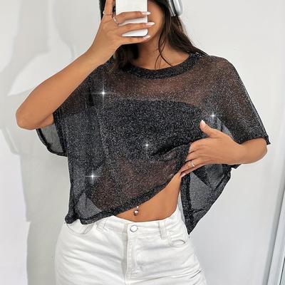 TEMU Solid Color Sheer Mesh Batwing Short T-shirt Image