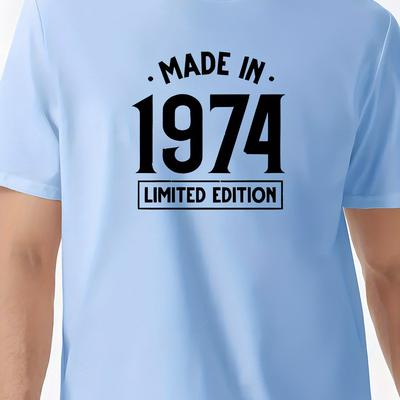 TEMU Men's Casual Crew Neck T-shirt With 'made In 1974' Print - Breathable Polyester, Machine Washable - Summer Image