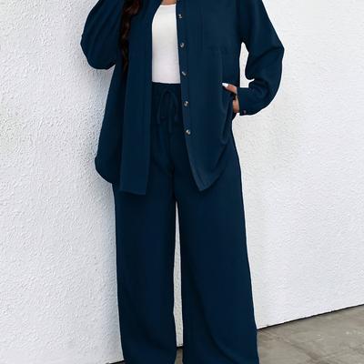TEMU Oversized Shirt With Front Pockets And Wide-leg Pants Image