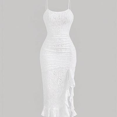 TEMU Ruffle Hem Solid Hollow Dress, Casual Backless Spaghetti Strap Slim Cami Dress For , Women's Clothing Wedding Graduation Engagement Occasion Party Holiday Vacation Birthday Image