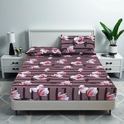TEMU 3pcs Fitted Sheet Set High-end Brushed Light Beige-friendly Comfortable Plant Lily Geometric Hotel Supplies 1pc Fitted Sheet + 2pcs Pillowcases Image