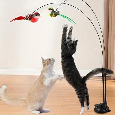 TEMU 3pcs Cat Toy Set - Simulated Bird Teaser With Nylon Feathers, Double Rod Strong Suction Cup And Bell For Interactive Training And Boredom , No Battery Required Image