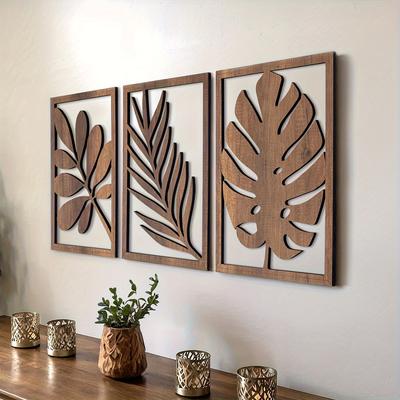 TEMU 3pcs Vintage Wooden Leaf Wall Art Set - Self-adhesive, , Reusable, , Living Room, Bedroom, Office Decor, Office Decoration | Vintage Wall Art | Wooden Frame Art, Wall Decor Image